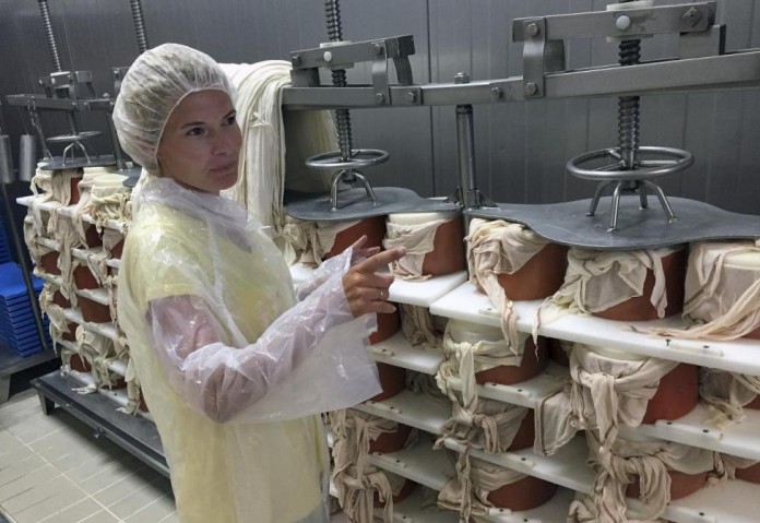 Georgia Kampouni, quality control engineer, is seen at the cooperative's factory that produces graviera and salty Kefalotyri cheese from sheep's milk in Naxos,