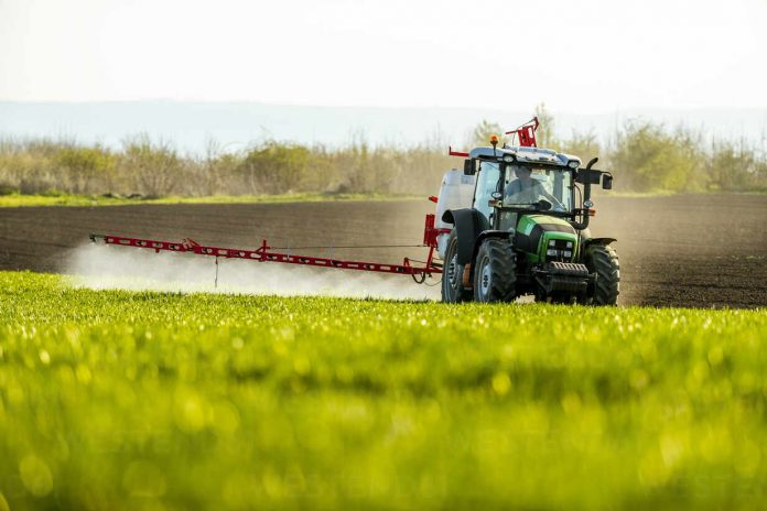 Serbia, Vojvodina. Farmer in a tractor spraying green field of wheat