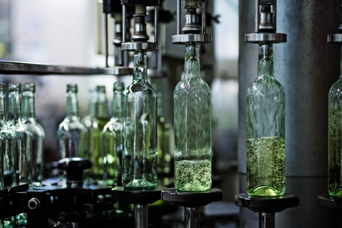 Wine bottles in bottling plant